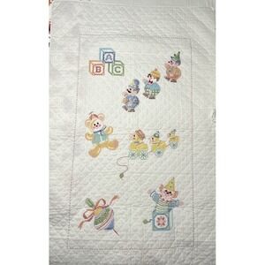 Vintage Bucilla Completed Cross Stitch Quilt Bear Ducks Clown Bell Blocks 55x34